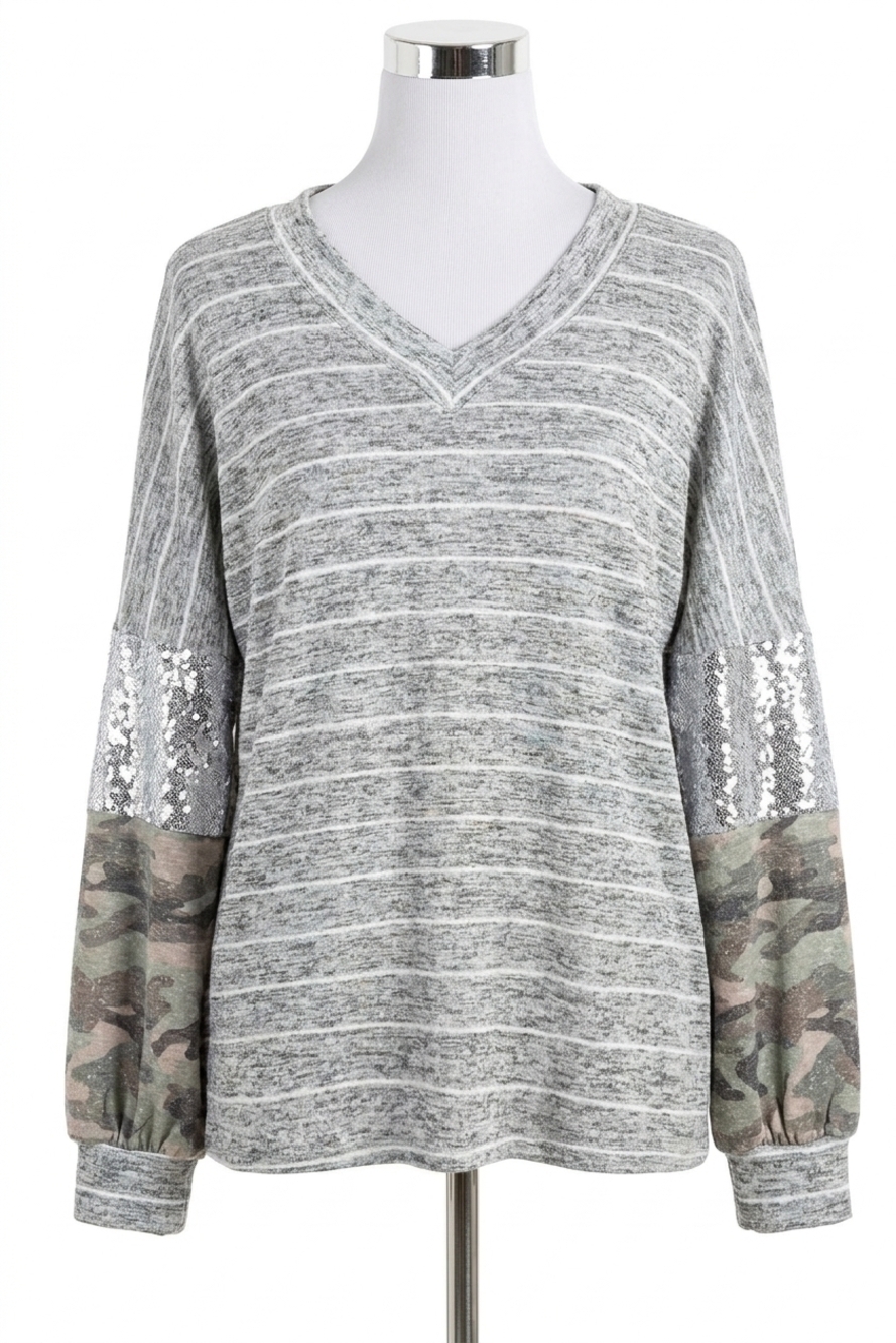 NEW HAPTICS silver sequin camo sleeve sweater in grey